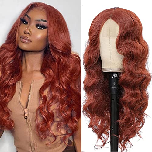 Body Wave Lace Front Wig 24 inch Copper Red Synthetic Lace Front Wig for Black Women Long Wavy Lace Wig Fake Scalp Middle Part Lace Wig Daily Party Use, 350#