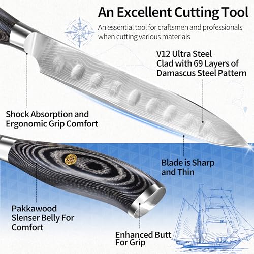 Image of XYJ 5 Inch Damascus Steel Japanese Chef Knife, Professional Kitchen Knife with Sharp Blade, Ergonomic Handle, Damascus Steel Santoku Knife for Kitchen Use