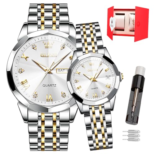 OLEVS - Relojes de pareja para San Valentín, relojes de cuarzo, resistentes al agua 3 ATM, con calendario luminoso, correa de acero inoxidable, para él y para ella, para hombre y mujer, para los