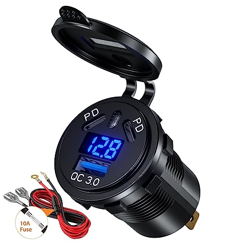 108W Presa Auto Doppia PD Accendisigari 12V, Doppia 45W PD e 18W QC3.0 Caricatore USB C, con Interruttore e Voltmetro, Ricarica Rapida USB C, Impermeabile, Adatto a Moto, Auto, Barche