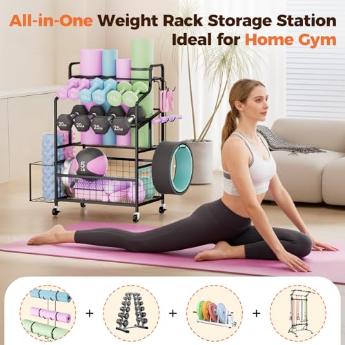 HavenlyYouth Dumbbell Rack Holds Yoga mat, Weight Rack Storage for Home Gym, Workout Equipment Organizer for Kettlebells and Foam Roller With Hooks and Wheels