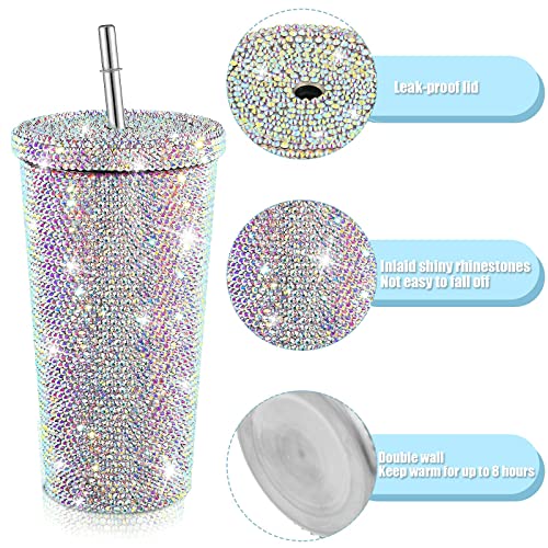 Studded Bling Diamond Tumbler Glitter Water Bottle With Lid Stainless Steel Vacuum Thermal Straw Tumbler Rhinestone Tumbler With 1 Pcs Cup Brush 6 Pcs Straw Brushes For Women(Ab Color, 16.9 Oz) #TOP2