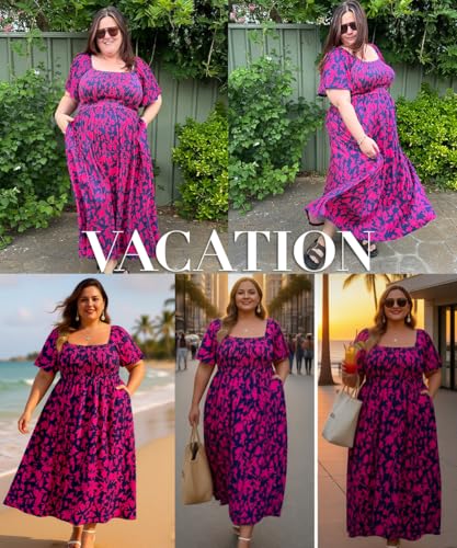 Image of RITERA Plus Size Dresses for Curvy Women Square Neck Short Sleeve Summer Floral Smocked Maxi Dress with Pocket XL-5XL
