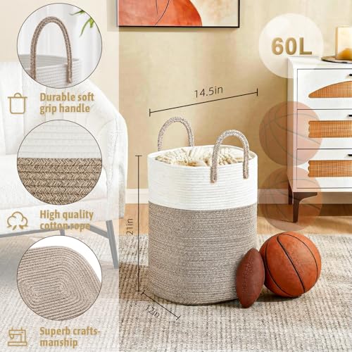 Image of Laundry Basket,Woven Cotton Rope Laundry Hamper,Versatile Storage for Dirty Clothes,Baby Toys,and Blankets in Bathroom, Nursery,and Living Room (Brown, 60L)
