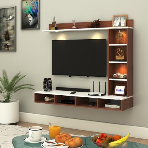 Image of Anikaa Briza Engineered Wood Wall Mounted TV Unit with 4 LED Lights, 9 Open Display Boxes & Shelf Design for Living Room | Ideal for Upto 43 Inch TV- Walnut /White(DIY Installation)