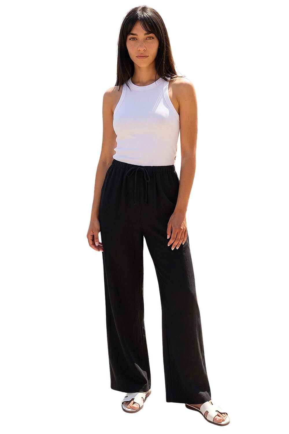 Roman Originals Women's Black Roman Petite Linen Mix Wide Leg Trouser For Uk - Everyday Holiday Spring Summer Comfy Soft Evening Vacation Work Party - Size 16