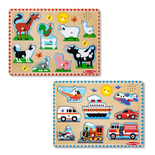 Image of Melissa & Doug Wooden Light-Activated Sound Puzzle 2-Pack for Toddler and Preschool Boys and Girls – Farm Animals, Vehicles