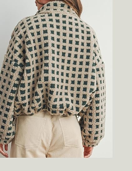 Womens Checkered Sherpa Fleece Jacket Lightweight Zip Up Long Sleeve Plaid Fur Outerwear with Pocket4