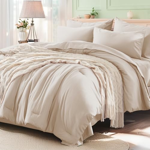 Anluoer Beige Full Comforter Set 7 Pieces, Bed in a Bag with Sheets, All Season Bedding Sets with 1 Comforter, 2 Pillow Shams, 2 Pillowcases, 1 Flat Sheet, 1 Fitted Sheet
