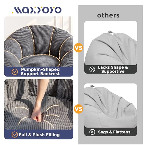 Image of MAXYOYO Giant Bean Bag Chair, Pumpkin-Shaped Bean Bag Sofa, Oversized Boneless Couch Sofa in a Box, Comfy and Lazy Lounge Chair for Dorm, Living Room, Dark Grey