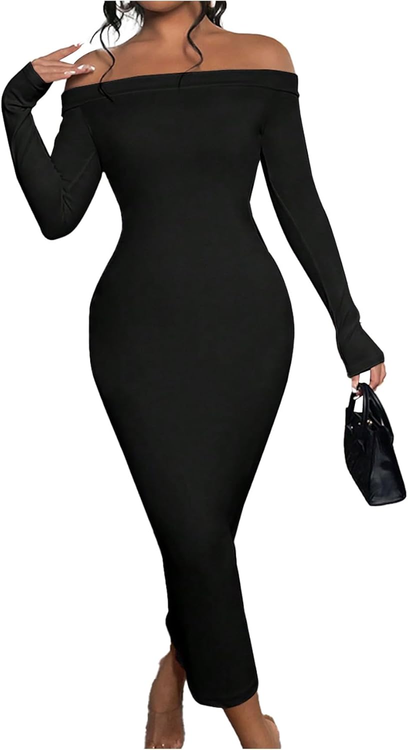 Women's Off The Shoulder Dresses Elegant Long Sleeve Bodycon Midi Evening Party Cocktail Dresses