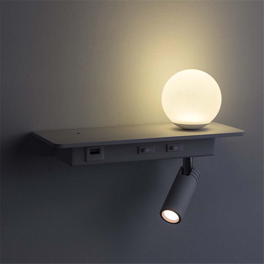 LED Wall Lights with switchable and USB Charging Port Ball with swivelling Reading lamp 3W + 5W with Shelf Bedside lamp for Bedroom Living Room Hotel,White