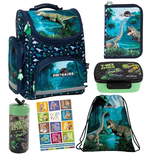 Goldkids - Schulranzen für Jungen, 6er-Set - Schul-Rucksack für Kinder mit Federmäppchen - Schuhbeutel und Hausaufgabenheft - Dinosaurier Motiv - 1-3 Klasse