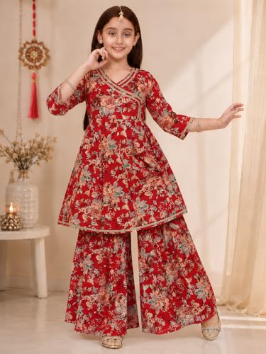 Image of Preneum Girls's Cotton Rayon Gota Pati Floral Printed Angrakha Kurta with Sharara