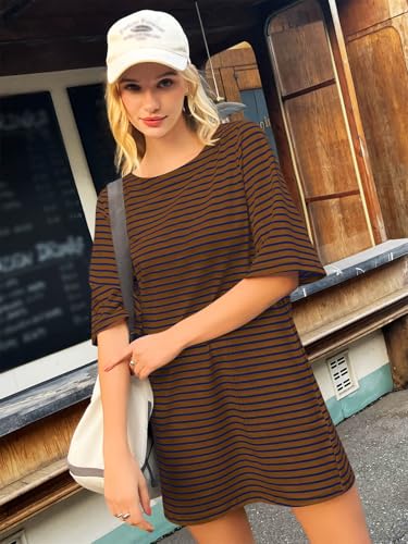 Image of Yousify Women's T Shirt Dress Cotton Summer Dresses 2026 Casual Loose Short Sleeve Striped Mini Dress with Pockets