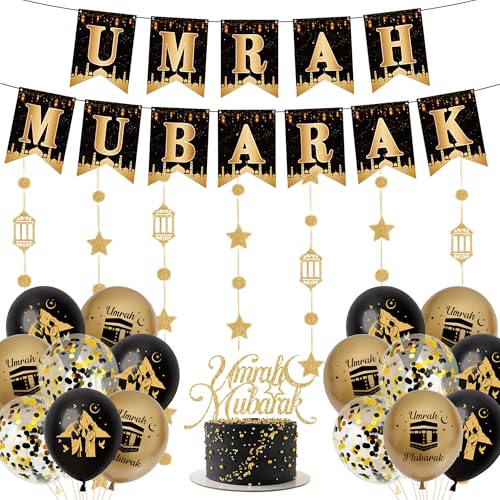 Tasoraor Umrah Mubarak Deko Set - Hajj Dekoration Schwarz Gold Luftballons Banner und Tortendeko Glitzer Lange Girlande für Muslim Party Islamische Festival Dekorations