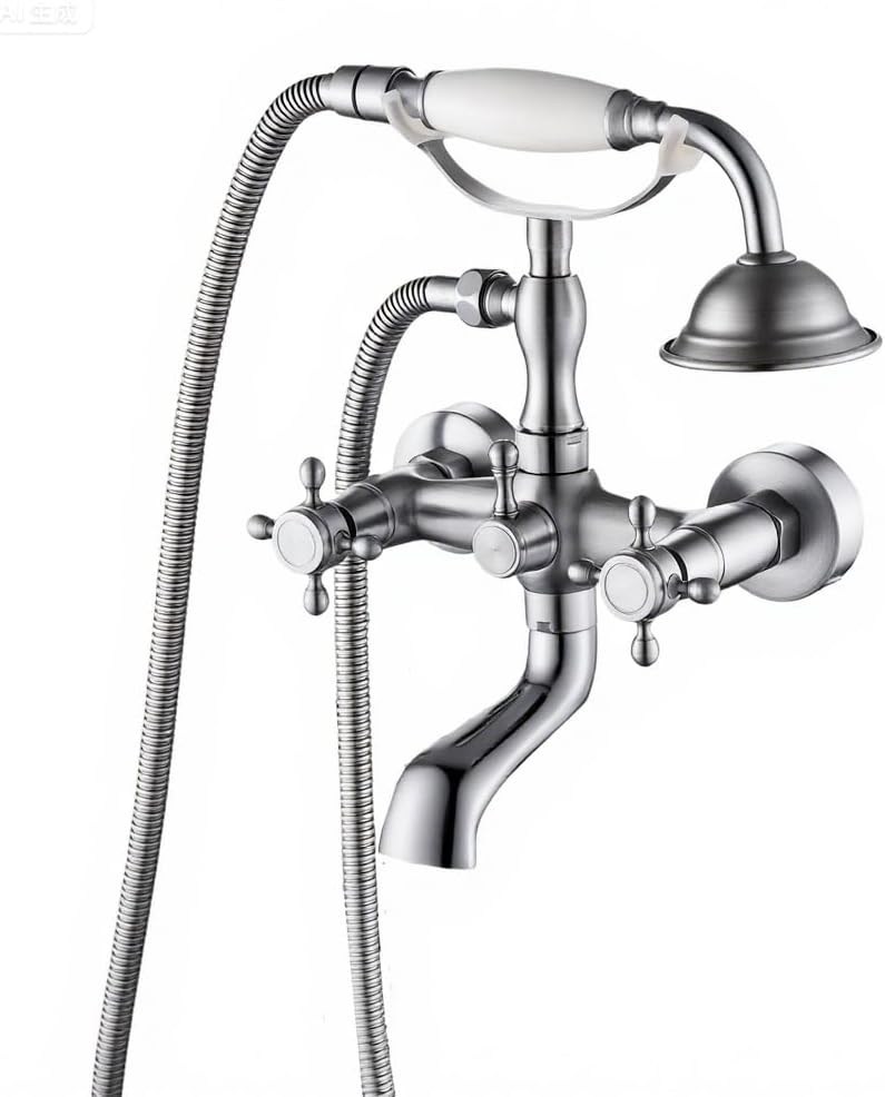 Clawfoot Tub Faucet with Hand Held Bathtub Faucet, Tub Shower Kit Victorian Double Cross Handle, 6 Inch Center Adjustable Swing Arms Tub Mount Short Adapter Antique Brass (Brushed Nickel)