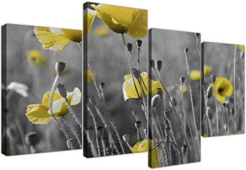 Wallfillers Yellow Grey Poppy Flower - Poppies Floral Canvas - Split 4 Piece - 51 Inches Wide - 4258