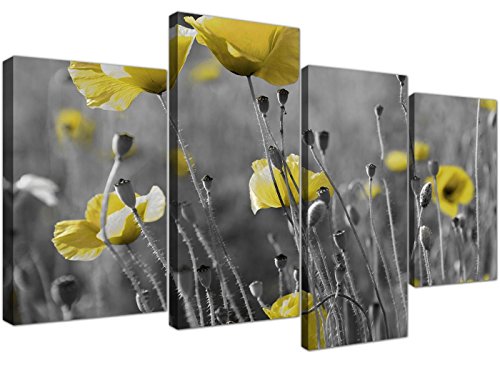 Wallfillers Yellow Grey Poppy Flower - Poppies Floral Canvas - Split 4 Piece - 51 Inches Wide - 4258 #TOP2