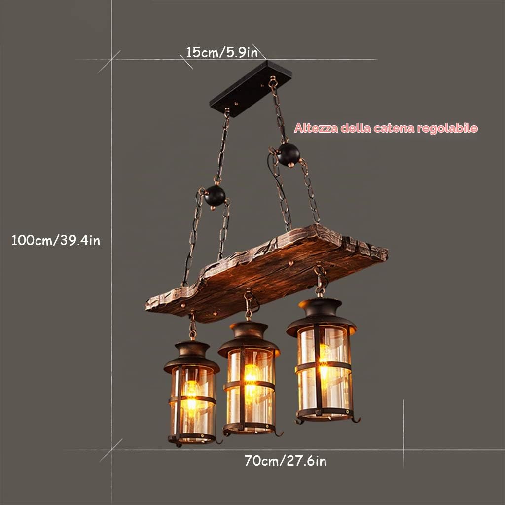 Lampada a Sospensione Vintage Lampadario Industriale Metallo Nero e Vetro in Legno Rustico Lampadari Regolabile in Altezza Per E27 Adatto Per Camera da Letto Soggiorno Del Ristorante Lampadario