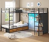 Triple Bunk Bed with 9 Storage Drawers and LED Lights, Twin Over Twin 3 Bed Bunk Beds for Kids with Shelves and Pegboard, Heavy-Duty Metal Bunk Bed with Full-Length Guardrail and Dual Ladders, Black