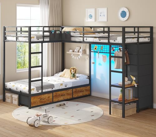 Triple Bunk Bed with 9 Storage Drawers and LED Lights Twin Over Twin 3 Bed Bunk Beds for Kids with Shelves and Pegboard Heavy-Duty Metal Bunk Bed with Full-Length Guardrail and Dual Ladders Black