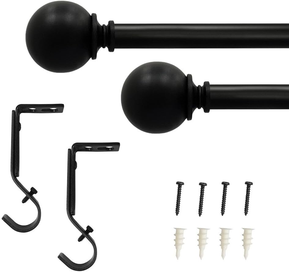 LUMI 3/4" Adjustable Single Curtain Rod Set with Decorative Sphere Finials, Matte Black (36"-66")
