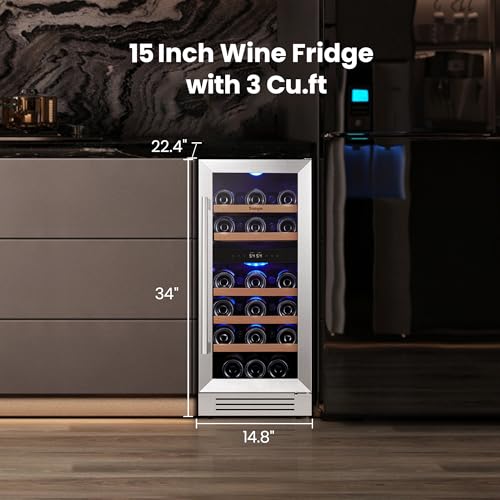 Image of Yeego Wine Fridge Cooler - 15 Inch Dual Zone Wine Fridge Hold 28 Bottles, 40-65F Wine Refrigerator Glass Door, Built in, Freestanding Under Counter Fridge for Beer Soda Drink Home Bar Office