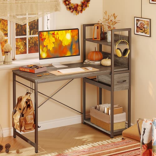 Bestier Home Office Desk With Drawer And Cable Management Rack, 47 Inch Computer Desk With Shelves, Writing Desk With Reversible Storage Bookshelf (Retro Grey Oak Dark) #TOP11