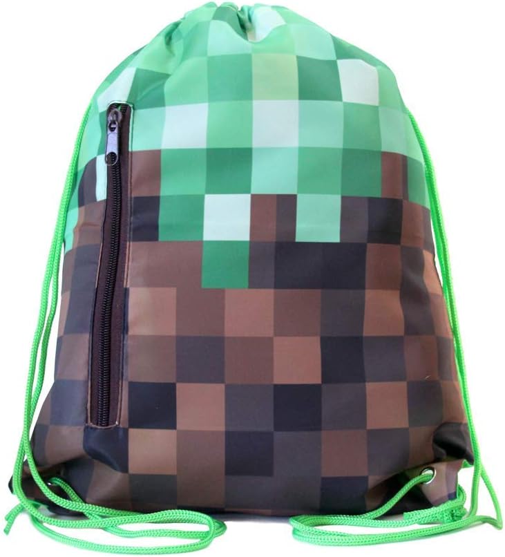 Think Green Fun Pixel Gamer Drawstring Backpack Mining Craft Video Game Durable Sports Bag, 13x15 inches
