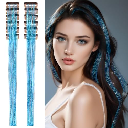 12 Pieces Sky Blue Glitter Hair Tinsel Clip in Extensions 20.5 Inch Shimmer Fairy Hair Accessories (Sky Blue)