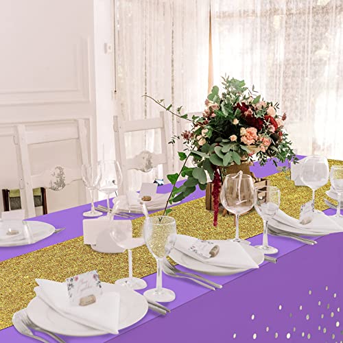 Image of Irenare 2 Pcs Purple Gold Tablecloth and Sequin Table Runner Set Polka Dots Confetti Table Cover Dining Plastic Tablecloths Glitter Decorations for Birthday Wedding Anniversary Party Supplies