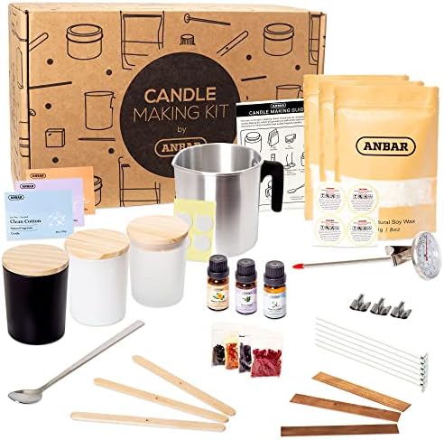 Anbar DIY Candle Making Kit for Adults with Natural Soy Wax, Cotton Wicks, Essential Oils, Glass Jars, Thermometer, Labels, and Essential Accessories for Scented Votive Candles, Fun Hobby Crafting Set