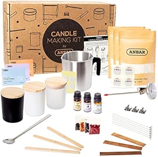 Anbar DIY Candle Making Kit for Adults with Natural Soy Wax, Cotton Wicks, Essential Oils, Glass Jars, Thermometer, Labels, and Essential Accessories for Scented Votive Candles, Fun Hobby Crafting Set