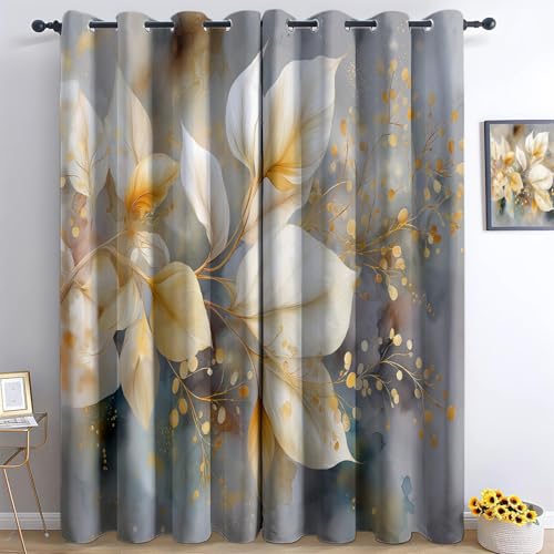 Blackout and Eyelet Curtains, Watercolor Waves Drifting Plants Flowers Printed Thermal Insulated Curtains for Bedroom W 46" x L 54" (2 Panels) - Gray Khaki for Baby Nursery, Bedroom, Living Room