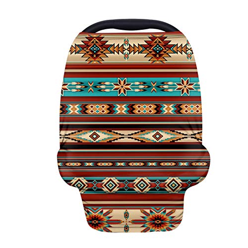 Image of JOAIFO Nativa American Indian Tribal Aztec Stripe Geometry Print Nursing Cover Breastfeeding Scarf Southwest Red Pattern Baby Car Seat Covers, Infant Canopy Stroller Coverage for Girls Boys