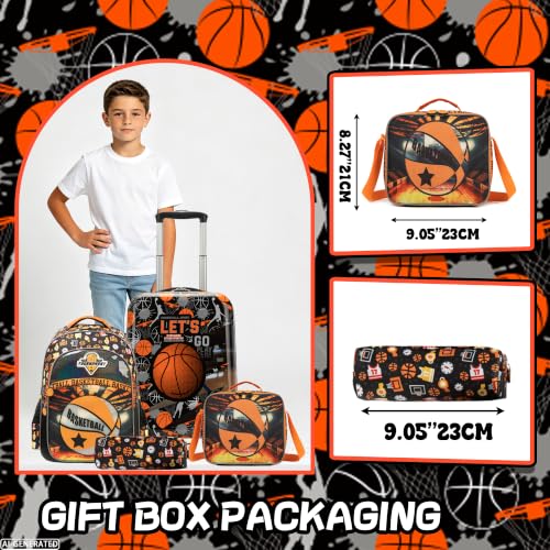 Image of Suitcase for Kids 16inch 5pcs Luggage Set for Boys Travel Suitcase Orange Basketball Hard Shell Luggage Sets with Spinner Wheels Carry on Luggage Airline Approved