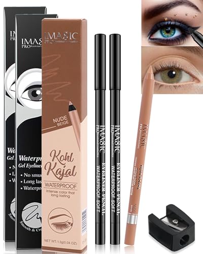 Nude Beige & Black Water Line Gel Eyeliner Pencil-3Pcs Longlasting Waterproof Smudge-Proof Cream Eye Liner Waterline Pen,Smooth Easy-to-Sharpen Pencil,Thanksgiving Eye Makeup Gift Set for Girl
