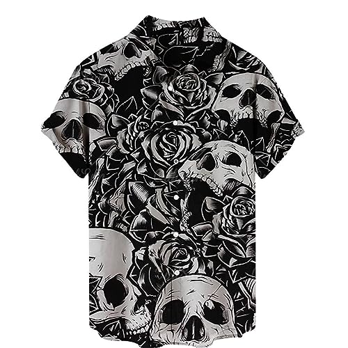 Camisa Hawaiana para Hombre Retro Horror Skull 3D Impreso Blusa Suelta Solapa Botón Abajo Manga Corta Camisetas Gótico Esqueleto Impreso Playa Camisa Streetwear Top