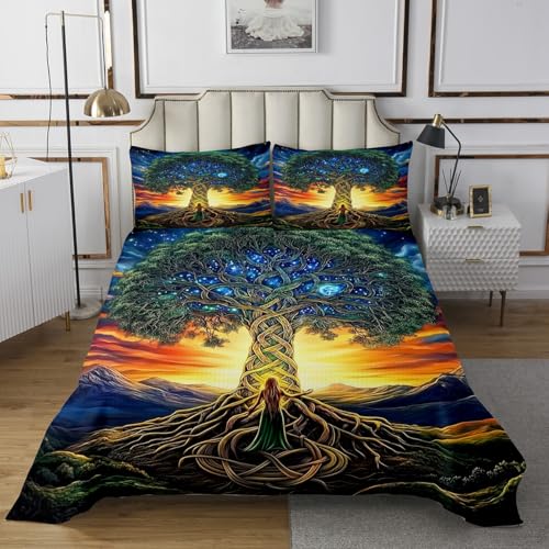 Tree of Life Kids Bedspread Twin Size,Sunset Mountain Starry Sky Coverlet Set,Boys Girls Room Decor,Exotic Botanical Tree Branches Quilted Coverlet,Green Yellow Bedding Quilt,1 Pillowcase