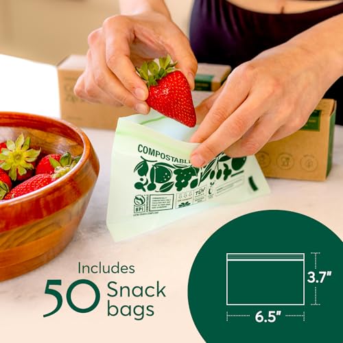 Cleanomic Compostable* Food Storage Bag Bundle – 1 Box Each of 25 Zip Quart Bags, 25 Zip Sandwich Bags, 50 Zip Snack Bags, and 25 13-Gallon Kitchen Waste Bags