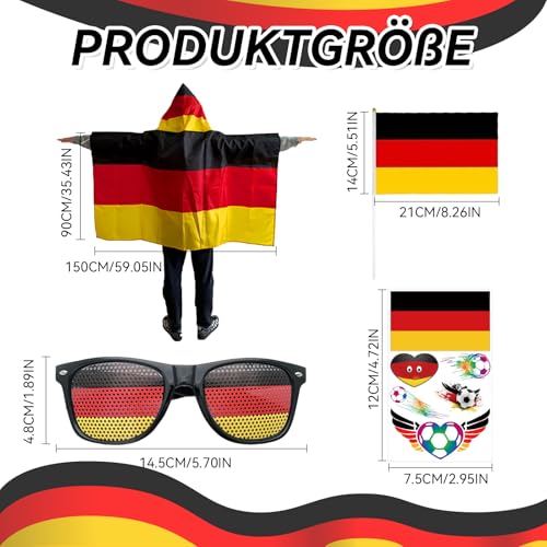 Deutschland Fan Set 4 Teilig, wm 2026 fanartikel Mit Fahnen Umhang, Brille, Handflagge, Aufkleber, Schwarz Rot Gold Kostüm Zubehör Für Damen Herren Fans, wm fussball 2026 Party Stadion
