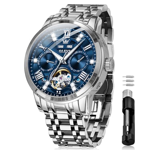 OLEVS Automatic Watches for Men Self Winding Mechanical Skeleton Luxury Dress Stainless Steel Diamond Men Wrist Watches