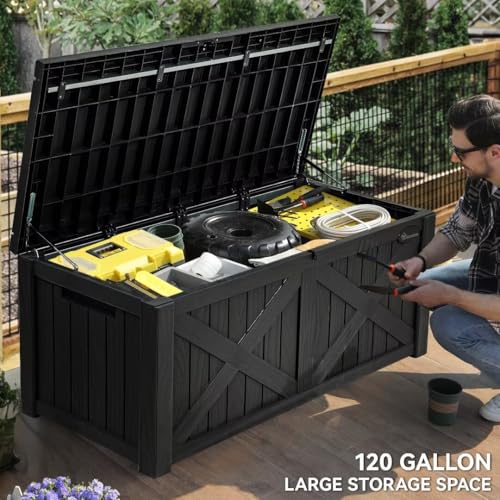 YITAHOME 150 Gallon Large Deck Box with X-Shaped Front, Resin Outdoor Storage Boxes, Waterproof Cushion Storage Bench for Patio, Pool Supplies, Garden Tools - Lockable, Black by YITAHOME - Image 6