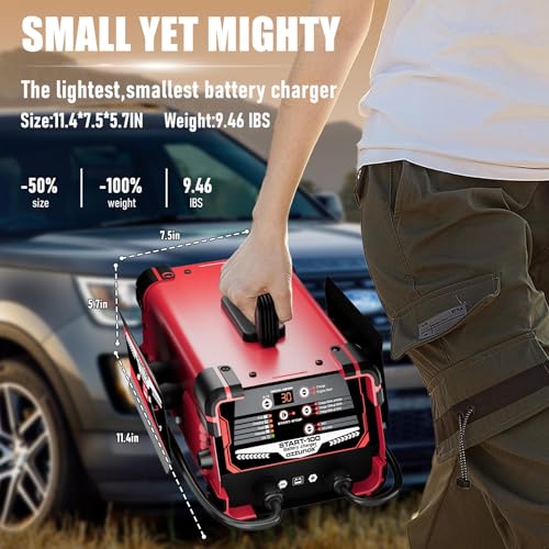 AZZUNOX 12V 24V Car Battery Charger & Engine Starter, 0-30A Automatic Battery Maintainer, 130 Cranking Amps, Jump Starter & Smart Trickle Charger, for Standard, AGM, Gel & Deep-Cycle Batteries