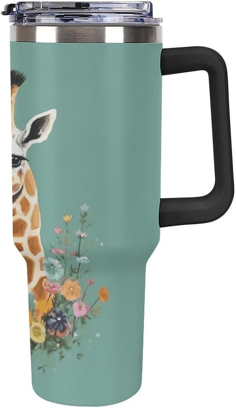 40 Oz Insulated Mug with Handle, Stainless Steel Giraffe with Flowers Printed Travel Mug Portable Leak-proof Large Car Mug for Home, Office Or Car