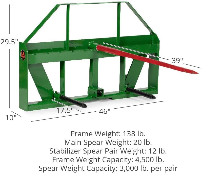 Titan Attachments UA USA Made Hay Frame Attachment, 39" Hay Spear and Stabilizers, Fits John Deere Global Euro Tractors, Rated 4,500 LB