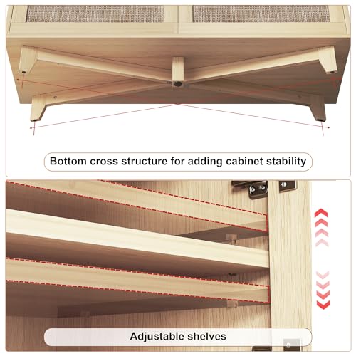 SRIWATANA TV Stand for Televisions up to 55 Inch, Wooden TV Cabinet with 2 Rattan Doors, Entertainment Center with Storage, Media Furniture for Living Room, Bedroom, Oak - Thumbnail 6