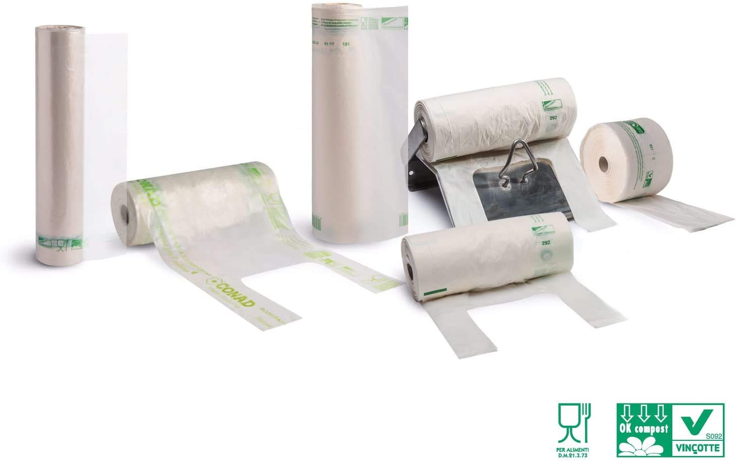 150 buste sacchetti biodegradabili compostabili 22+12 x 40 norma EN 13432 per negozi alimentari, usi domestici a strappo e asola per appenderli 22+12x40