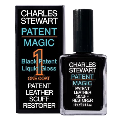 Charles Stewart Patent Leather Repair and Restore. Quick and Easy. Patent Magic One Coat for Scuffs and Scratches. Real or Imitation Patent Leather. Black. Solvent Free. Up To 25 Applications.